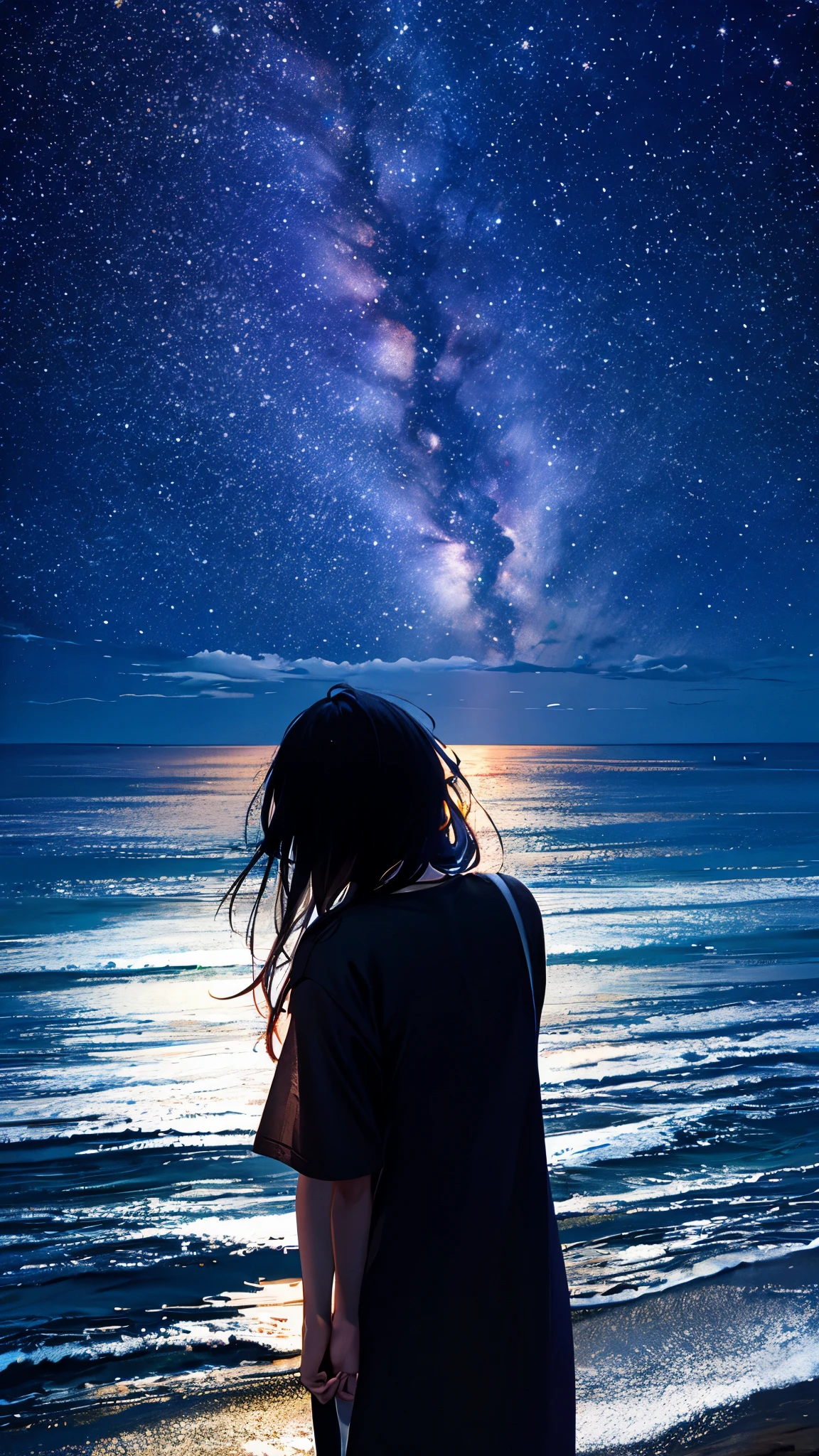 8k octane, Star-studded night sky、A tranquil ocean view。There is a silhouette of a person standing on the beach.、In the distance, I can see the faint light of a ship on the sea.。The sea surface is calm、The moonlight reflects on the sea。Romantic atmosphere。 One girl, Long Hair, Back view, Wide-angle shot,