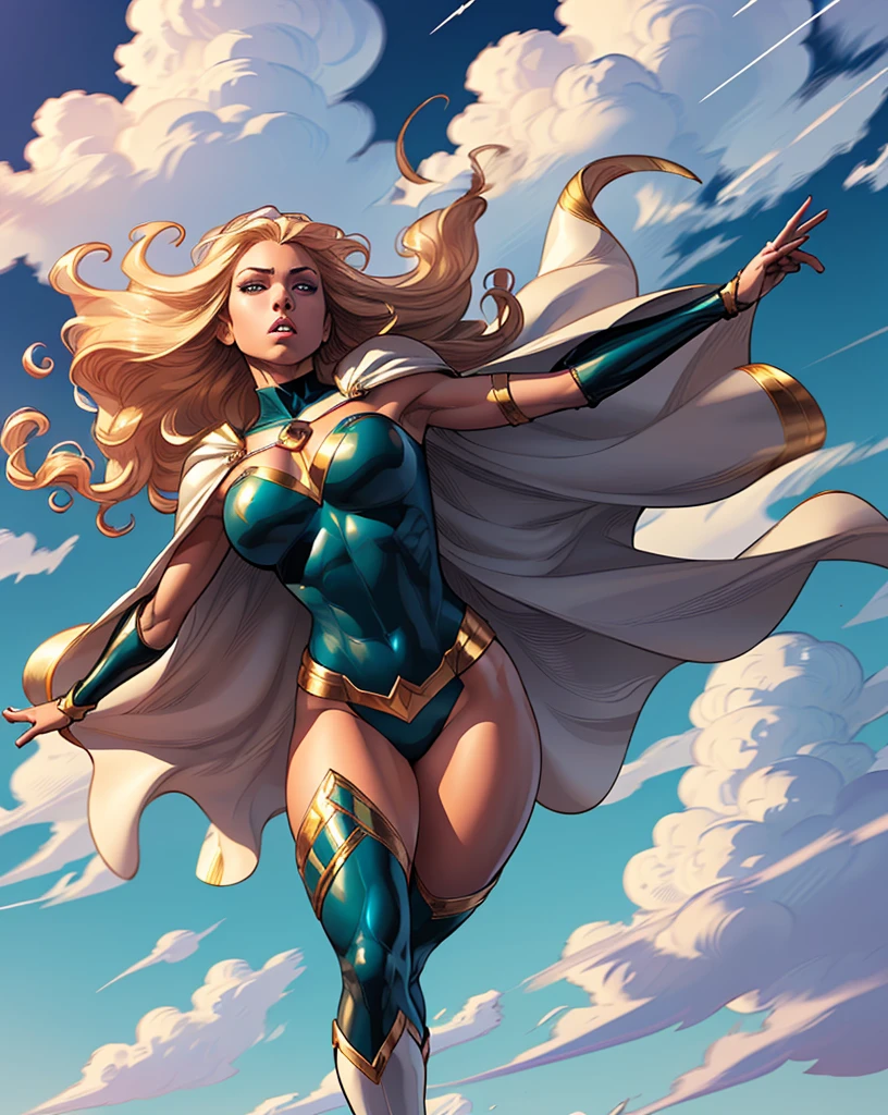 1 Girl, Solitary, Extremely detailed, masterpiece, Top quality, best quality, high resolution, 4K, 8K, RAW photos, 
Goddess of Virtue, blond, Long hair, Tights, armor, cape, Gloves, White boots, 
Comic Style, Line Art,
floating, 
Dynamic weather, Dynamic Color, random color, 
 