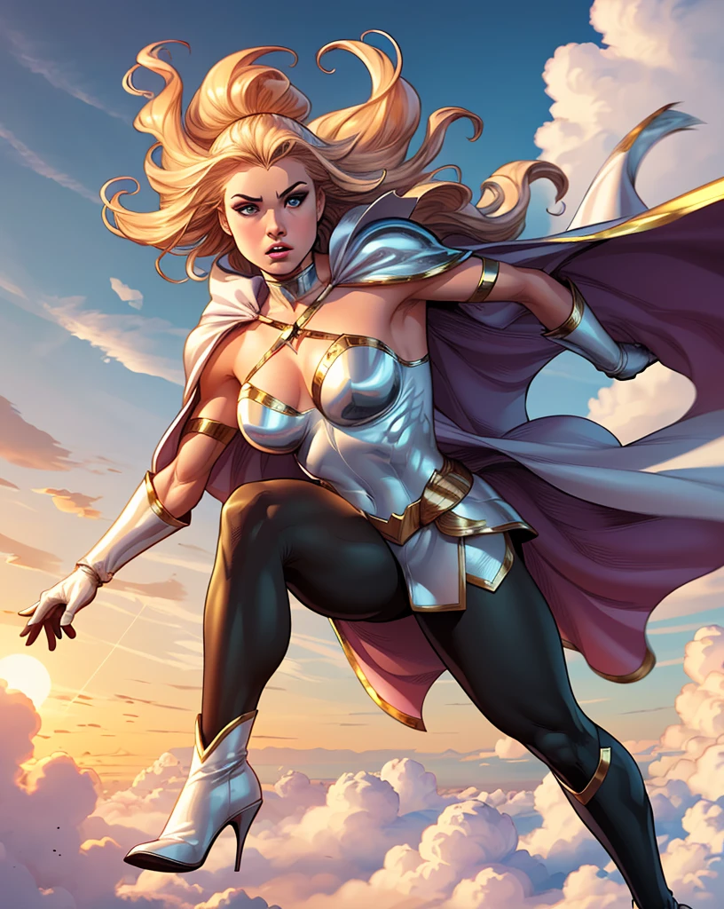 1 Girl, Solitary, Extremely detailed, masterpiece, Top quality, best quality, high resolution, 4K, 8K, RAW photos,
Goddess of Virtue, blond, Long hair, Tights, armor, cape, Gloves, White boots,
Comic Style, Line Art,
floating,
Dynamic weather, Dynamic Color, random color,
