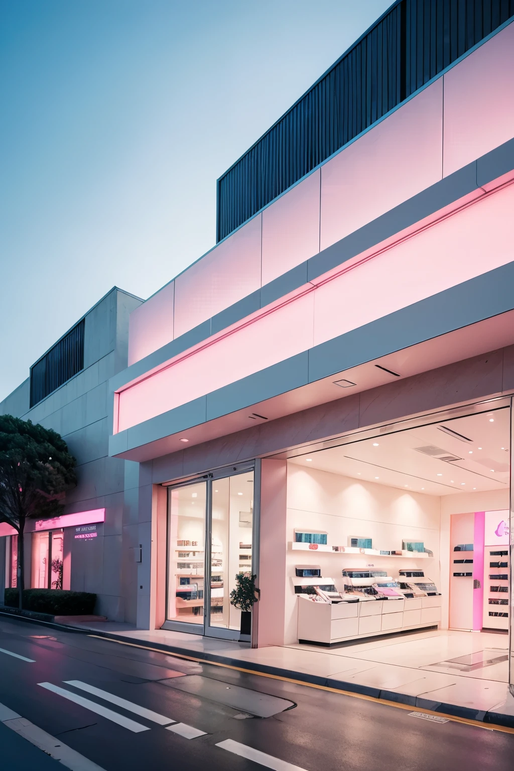 A high-resolution photograph of a standalone futuristic modern cosmetics store, completely enveloped by enormous, surreal light pink peonies. These gigantic flowers seem to bloom directly from the building's facade. The lighting is natural.