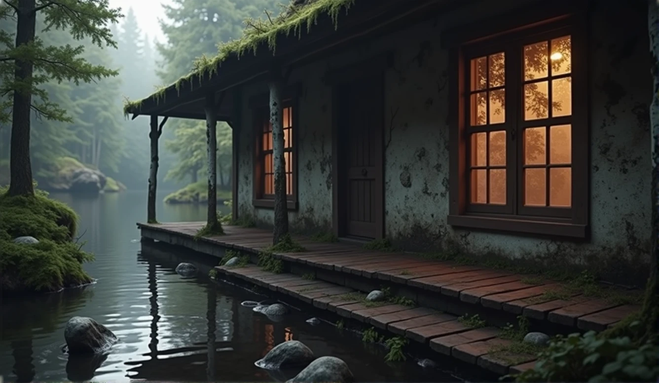 horror mood, dense forest, an old lakeside cabin, moss on the walls, gloomy night, realistic, abandoned, octane render, 8K, hyper realistic , poster style, hyper realistic acrylic painting, fibonacci, insane, intricate, highly detailed, digital painting, artstation, concept art, smooth, sharp focus, unreal engine 5