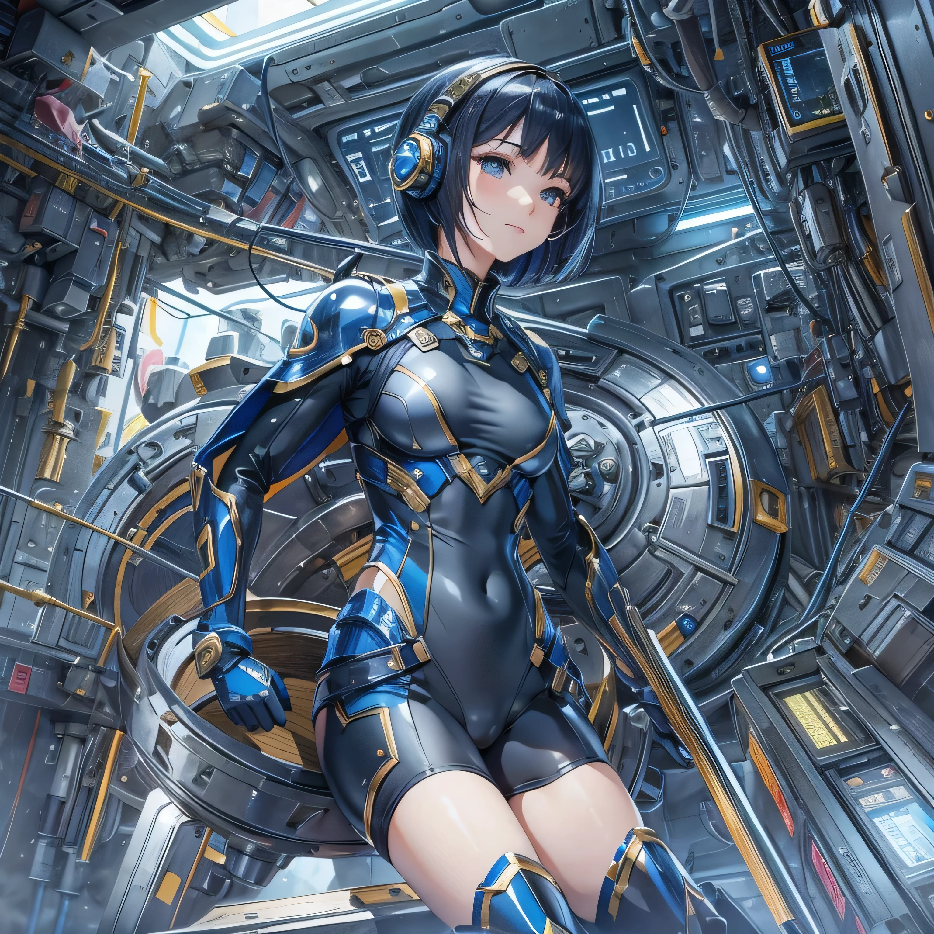(masterpiece、Highest quality、Highest Resolution、Clear_image、Detailed details、Angle from above): (Whole body、One 20 year old girl、Japanese Faces、Small Face、Slender、Navy blue super short bob cut hair、(Hidden small breasts:1.3)、Sparkling blue eyes、Shiny pilot suit in blue and black colors、Chest protection armor、Tight fitting clothes、Clothing that covers the whole body、Glamorous clothes、Tight Fit Pants、Hide your skin、Very delicate and beautiful、Detailed Skin、hide thighs、Hide your ass、Cute、A gentle smile、Soft expression、heroine、headset、Knee-high boots、Elbow-length gloves、Eye Level Shot、Face directly、Woman on a spaceship)