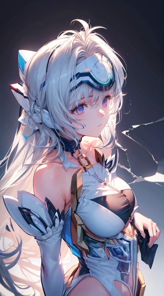 (((Masterpiece))), (portrait), diffused light, dynamic shadows, sharp focus, realistic, detailed, highres, absurdres, anatomically correct, seductive face, white background, torn clothes, looking to the side, black choker, belly button, medium breast