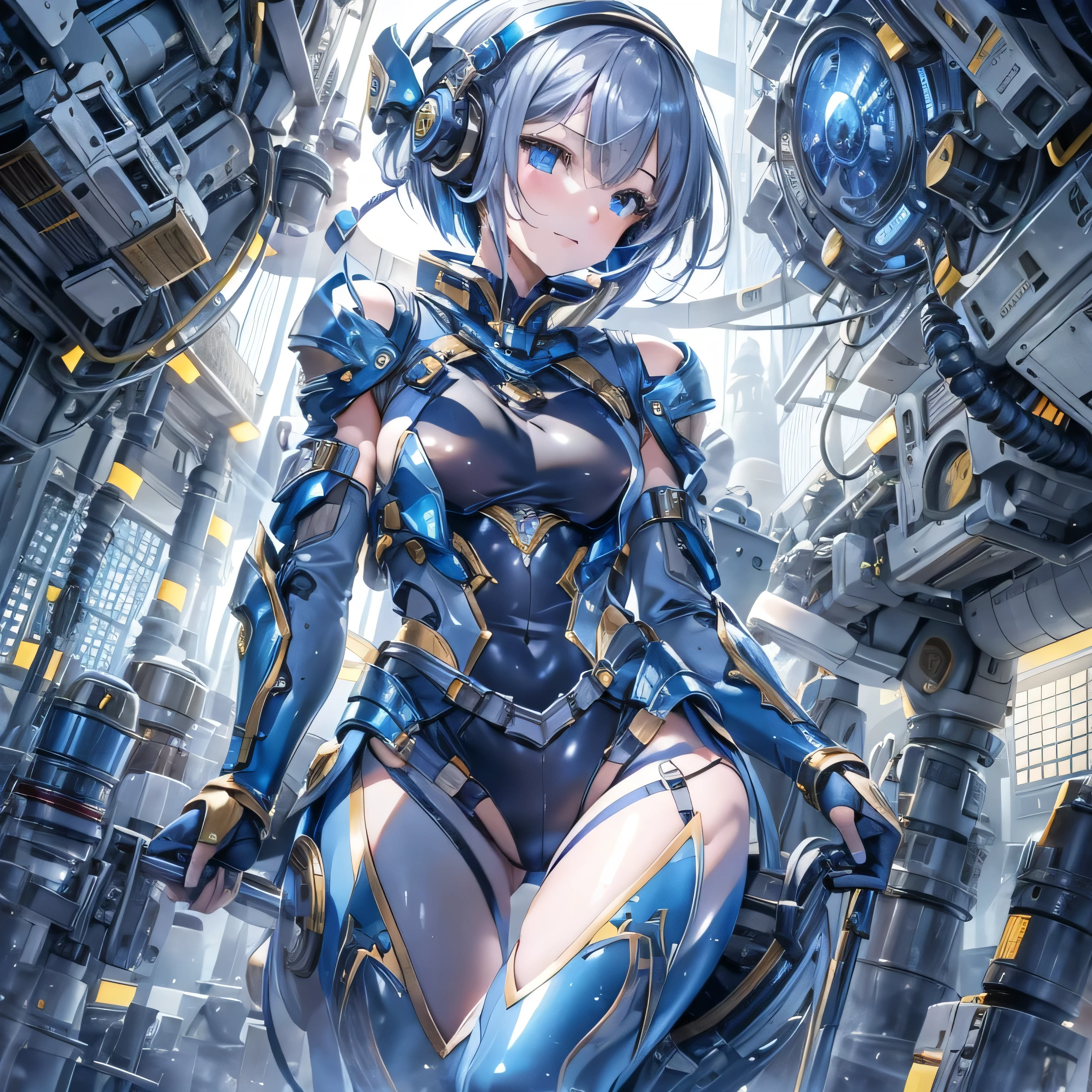 (masterpiece、Highest quality、Highest Resolution、Clear_image、Detailed details、Angle from above): (Whole body、One 20 year old girl、Japanese Faces、Small Face、Slender、Navy blue super short bob cut hair、(Hidden small breasts:1.3)、Sparkling blue eyes、Shiny pilot suit in blue and black colors、Chest protection armor、Tight fitting clothes、Clothing that covers the whole body、Glamorous clothes、Tight Fit Pants、Hide your skin、Very delicate and beautiful、Detailed Skin、hide thighs、Hide your ass、Cute、A gentle smile、Soft expression、heroine、headset、Knee-high boots、Elbow-length gloves、Eye Level Shot、Face directly、Woman on a spaceship)