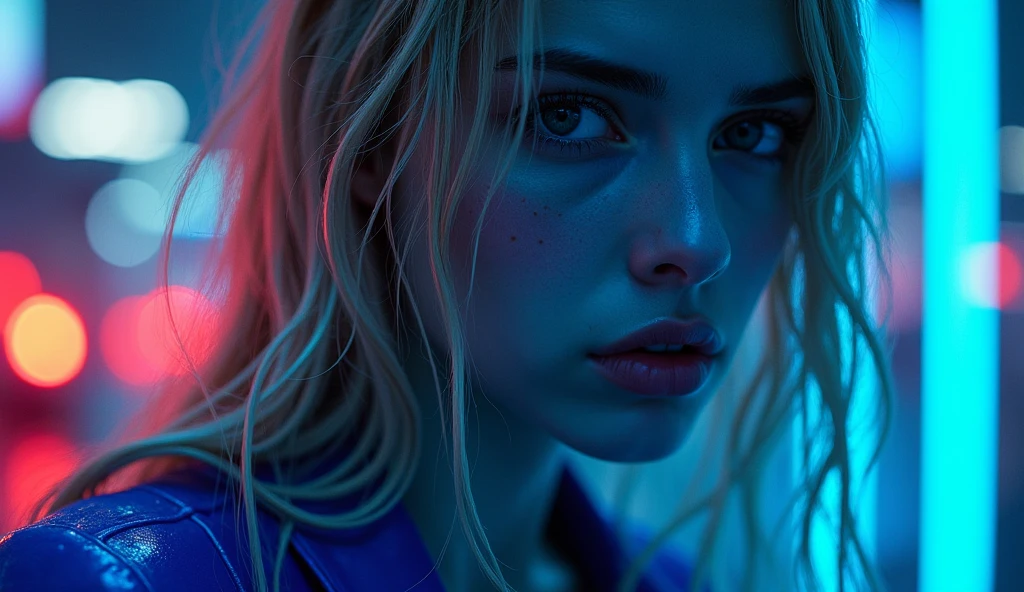 ((best quality)), ((masterpiece)), (detailed), ((background Cyber)), wet look, ((blond long Hair)), ((Intricate detailing, in the night time, Contre-Jour, random neon color, View from afar, random pose, blue bodysuit, face focus))