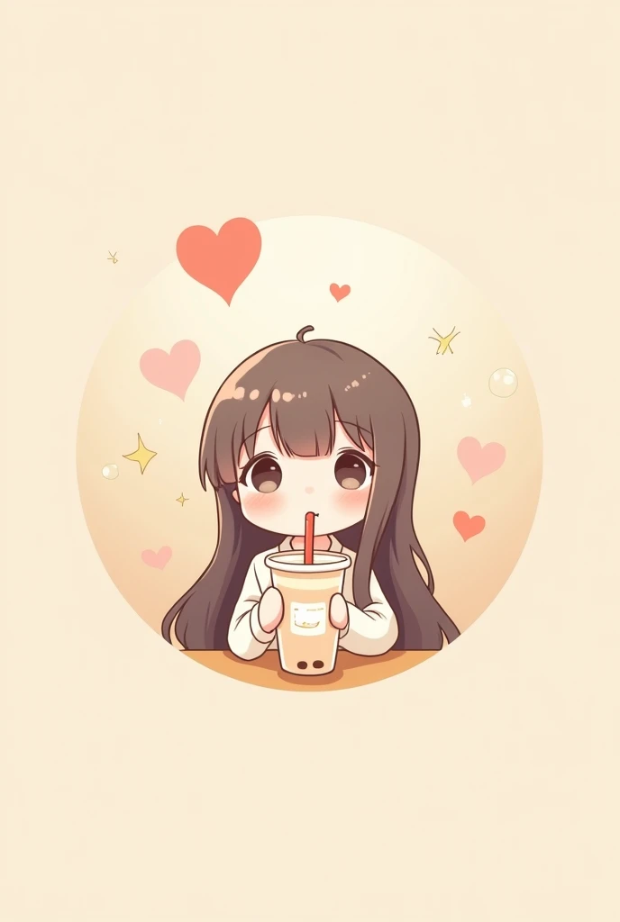 A circle-shaped heart with a soft color palette.
A chibi-style girl with big, round eyes, sipping a milk tea with a cute straw.
Add playful elements like bubbles or stars around the logo.