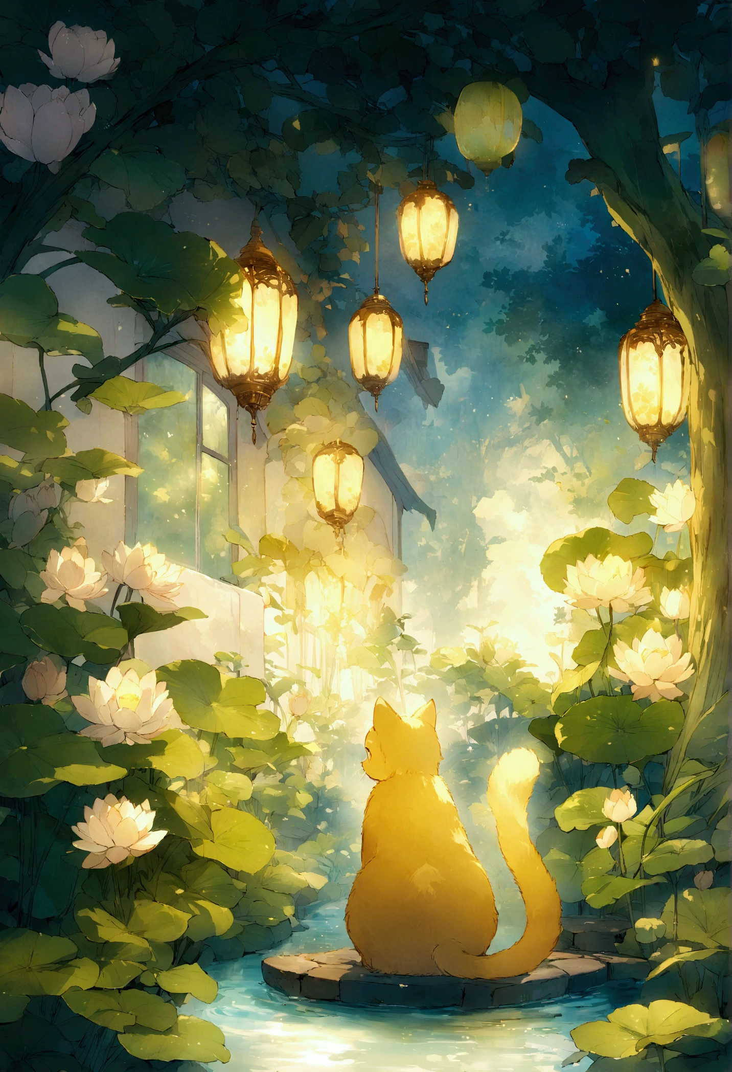 "Capa para livro de colorir, Illustration of an adorable colorless cat being painted with vibrant colors." A whirlwind of magical golden breeze surrounds a small lagoon illuminated with water lilies, located in the patio of a house under the light of the moon. On the edge of the lagoon, there is a male cat with golden fur, with a transparent ghostly appearance and greenish-yellow eyes. The style is 2D anime fantasy with a glow effect.