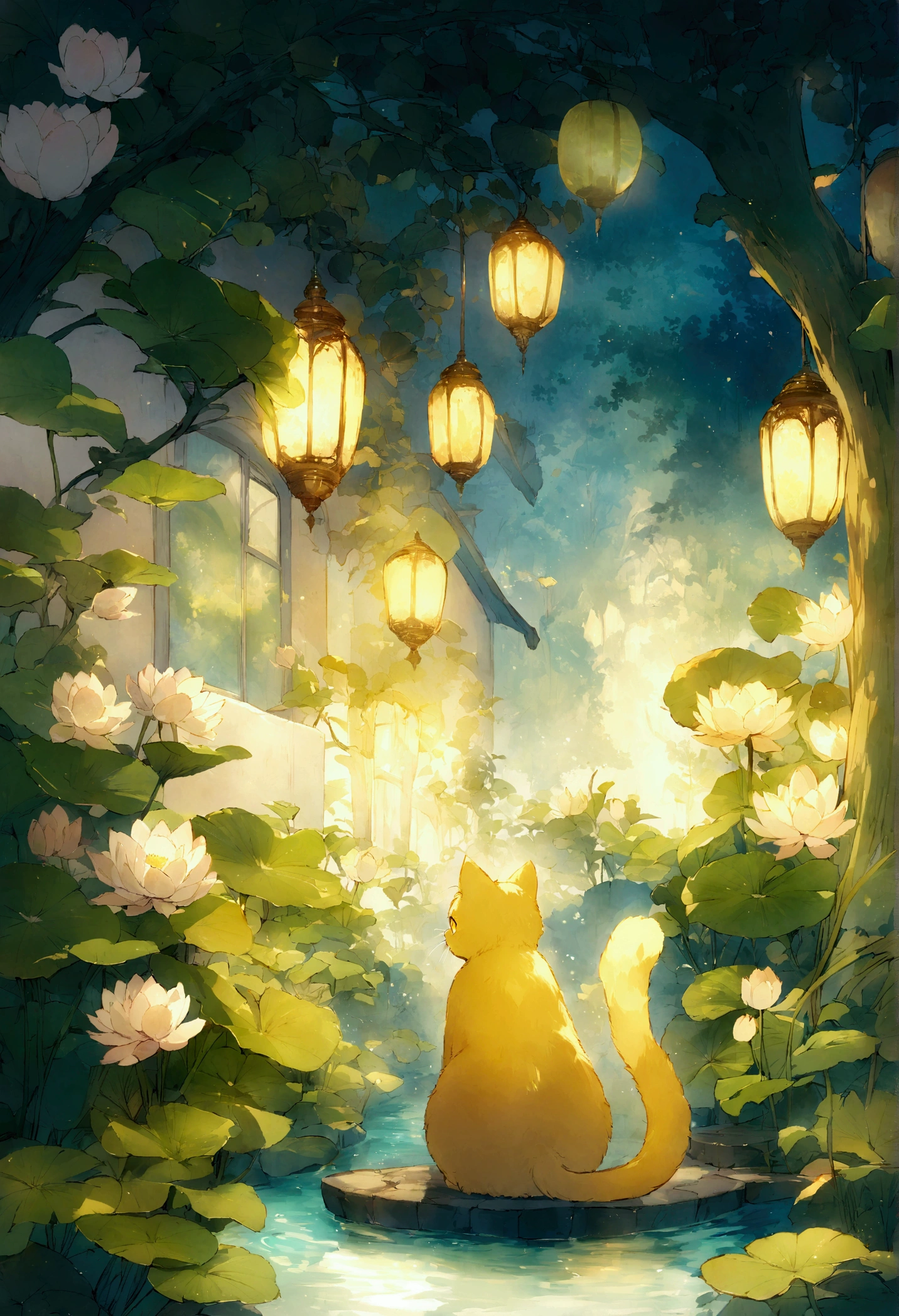 "Capa para livro de colorir, Illustration of an adorable colorless cat being painted with vibrant colors." A whirlwind of magical golden breeze surrounds a small lagoon illuminated with water lilies, located in the patio of a house under the light of the moon. On the edge of the lagoon, there is a male cat with golden fur, with a transparent ghostly appearance and greenish-yellow eyes. The style is 2D anime fantasy with a glow effect.
