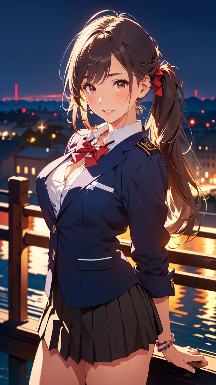 (masterpiece:1.3, top-quality, ultra high res, ultra detailed), (realistic, photorealistic:1.4), beautiful illustration, perfect lighting, colorful, depth of fields,
beautiful detailed hair, beautiful detailed face, beautiful detailed eyes, beautiful clavicle, beautiful body, beautiful chest, beautiful thigh, beautiful legs, beautiful fingers,
looking at viewer, front view:0.6, 1 girl, japanese, high school girl, perfect face, (perfect anatomy, anatomically correct), cute and symmetrical face, face, , shiny skin,
(long hair:1.5, twintails:1.5, rosy brown hair), asymmetrical bangs, brown eyes, long eye lasher, (medium breasts), slender,
((navy blazer, collared white shirt, navt pleated skirt)), dark red bow tie, piercing,
(beautiful scenery), evening, (city, cityscape in the distance), standing, (hand on chest), (happy smile, parted lips),