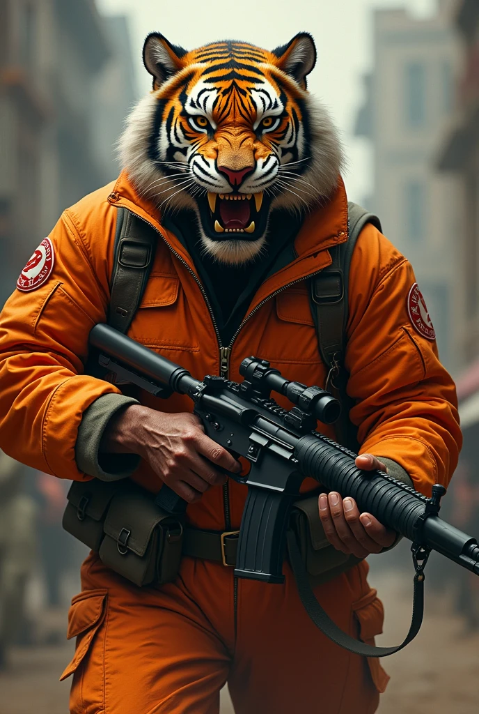 (a dark-skinned muscular old man in aorange zipper pilot suit) carrying a gun, (wearing realistic roaring tiger mask), dynamic action pose, fierce expression, showcasing an imposing stature, surrounded by military elements, dramatic shadows and intense highlights, cinematic color tones, high detail, powerful, art influenced by Bruce Onobrakpeya and Stanley Artgerm, ultra-detailed, best quality image, action-packed atmosphere.