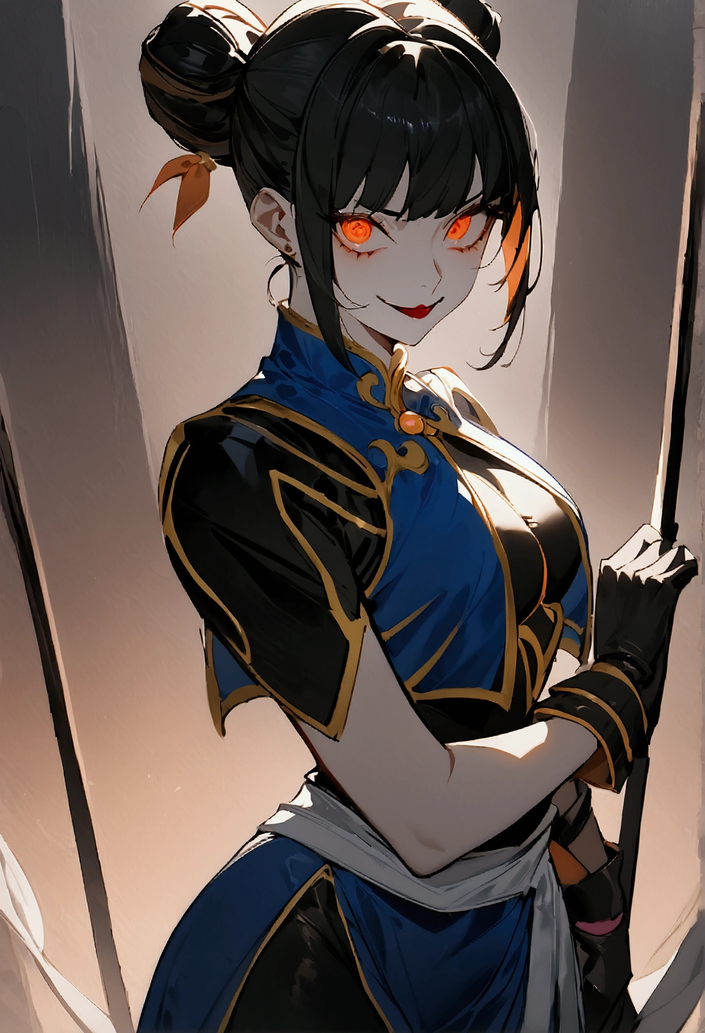 standing alone, work of art, best qualityer, agrias, black costume, collant preto, standing, looking ahead at viewer, shorth hair,Evil smile, evil gaze, Chun-Li,black gloves,blue outfit,yandere face,poor lighting,beautiful eyes,detailed eyes orange lighting