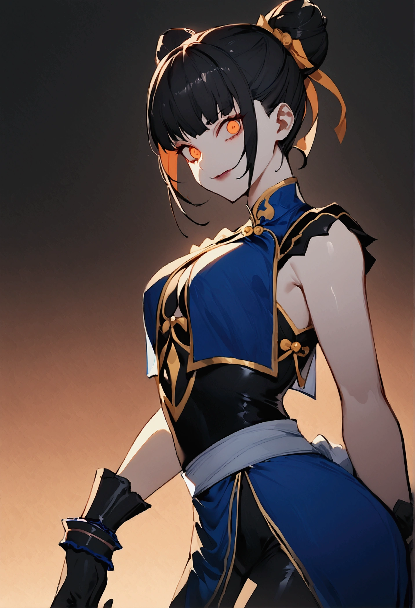 standing alone, work of art, best qualityer, agrias, black costume, collant preto, standing, looking ahead at viewer, shorth hair,Evil smile, evil gaze, Chun-Li,black gloves,blue outfit,yandere face,poor lighting,beautiful eyes,detailed eyes orange lighting