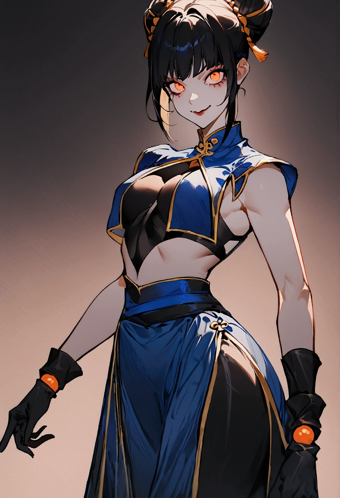 standing alone, work of art, best qualityer, agrias, black costume, collant preto, standing, looking ahead at viewer, shorth hair,Evil smile, evil gaze, Chun-Li,black gloves,blue outfit,yandere face,poor lighting,beautiful eyes,detailed eyes orange lighting