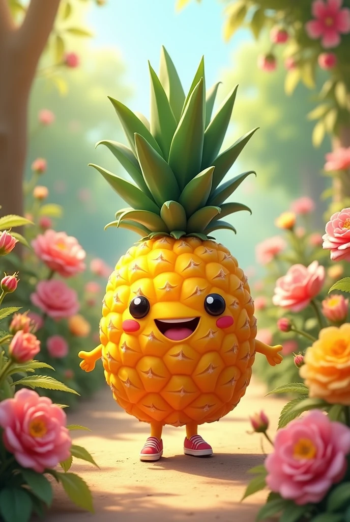 Pineapple smiling and walking under the flowers