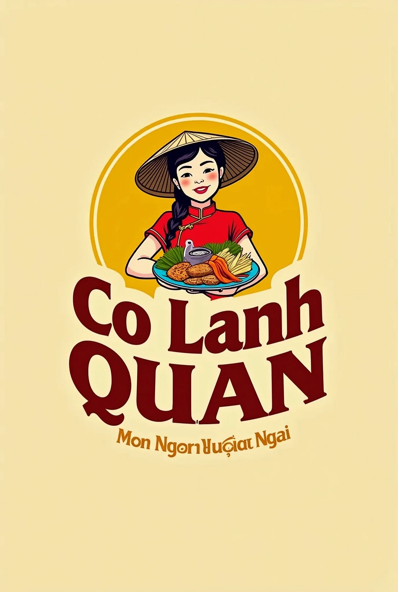 This is a vintage-style logo for a food service called“Co Lanh Quan". The logo has a woman wearing áo dài and Việt Nam conical hat, she holds a disk of Việt Nam foods. The slogan will be "Mon Ngon Quang Ngai" The color is mostly yellow, and the text is bold