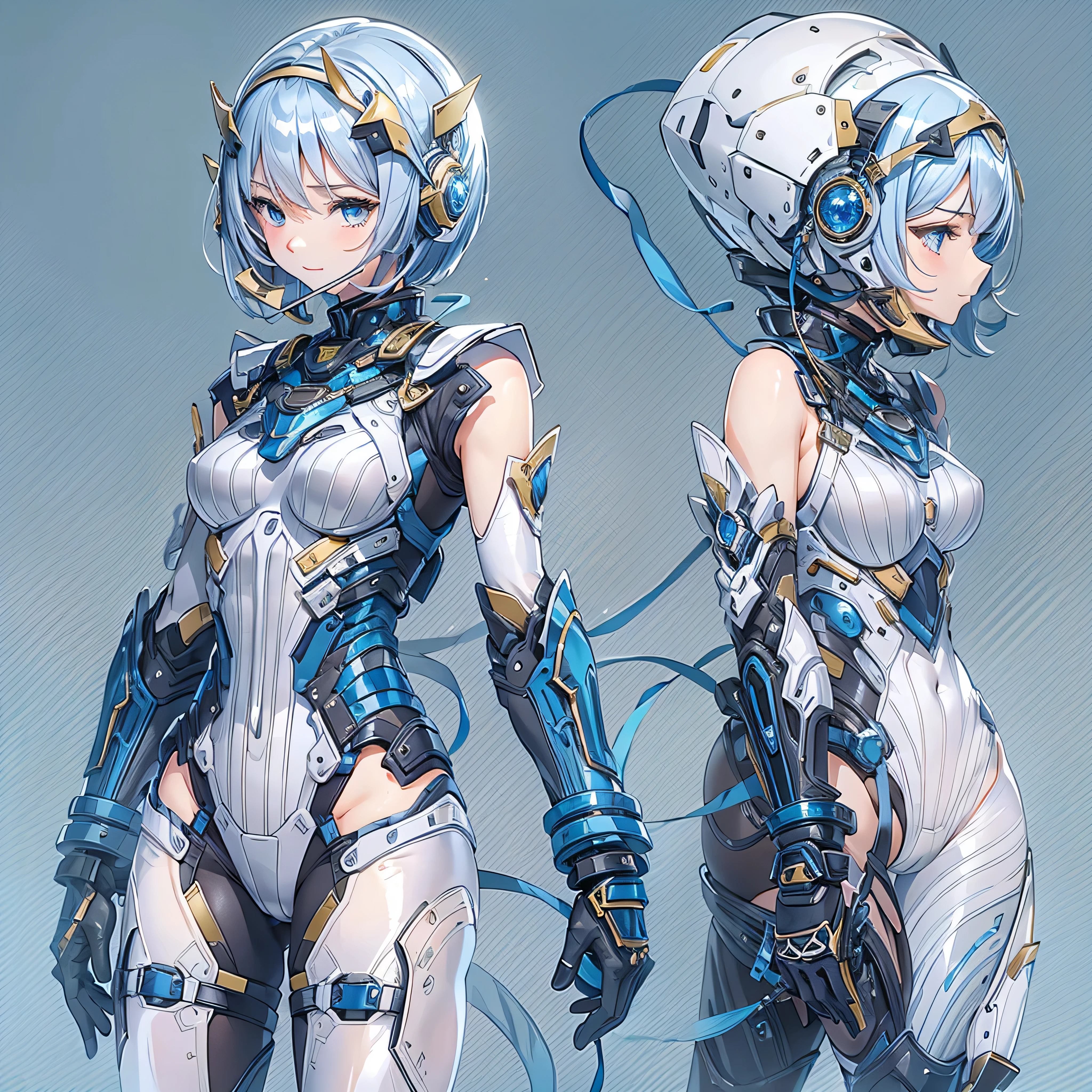 (masterpiece、Highest quality、Highest Resolution、Clear_image、Detailed details、Angle from above): (Whole body、One 20 year old girl、Japanese Faces、Small Face、Slender、Navy blue super short bob cut hair、(Hidden small breasts:1.3)、Sparkling blue eyes、Shiny pilot suit in blue and black colors、Chest protection armor、Tight fitting clothes、Clothing that covers the whole body、Glamorous clothes、Tight Fit Pants、Hide your skin、Very delicate and beautiful、Detailed Skin、hide thighs、Hide your ass、Cute、A gentle smile、Soft expression、heroine、headset、Knee-high boots、Elbow-length gloves、Eye Level Shot、Face directly、Woman on a spaceship)