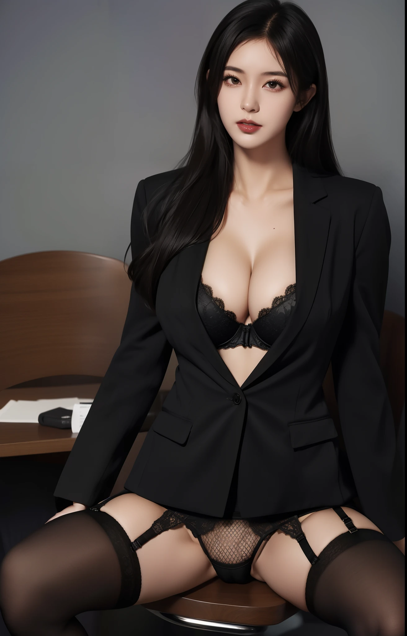 1girl,solo,garter belt,thighs,breasts,spread legs,skirt,underwear,cleavage,bra,black hair,long hair,sitting,formal,suit,chair,office lady,pencil skirt,black eyes,shirt,looking at viewer,jacket,open clothes,large breasts,((stockings with seams)),