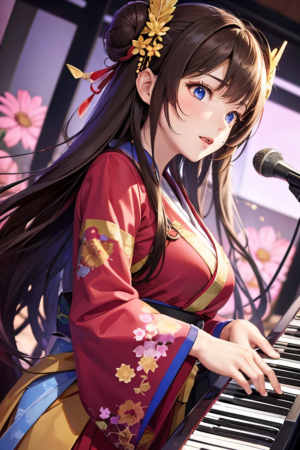 Top quality, ample limbs, perfect fingers, slender beauty, twin-tailed bun hairstyle, brown hair, Deresute, A costume of Floral haori and minihakama with a flashy pattern,Band instrumentskeyboard, beautiful large breasts, live stage, Playing Band InstrumentsKeyboard