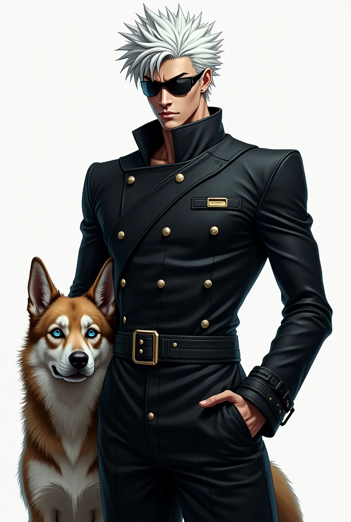 Satoru Gojo has short, spiky white hair, usually wears a black blindfold or dark sunglasses, and has striking bright blue eyes when revealed. He typically dresses in a sleek black high-collared jacket with matching pants, and has a tall, lean, and athletic build. He also has a dog