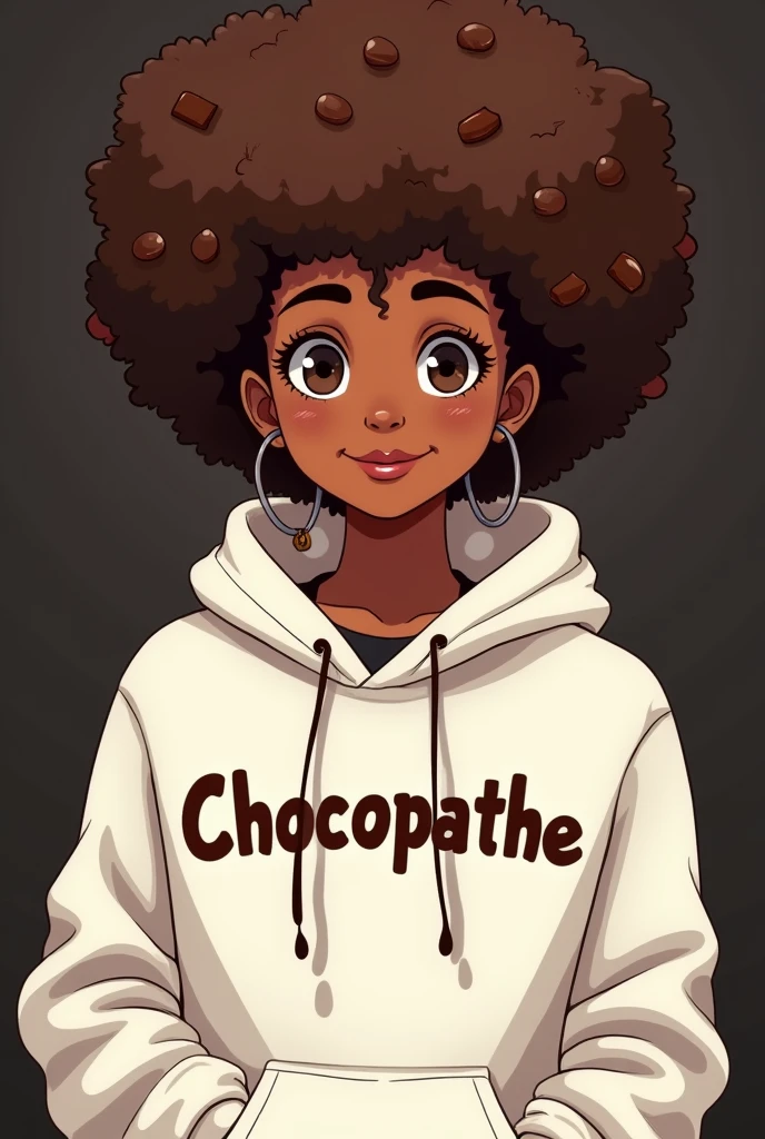 illustration of a cool profile picture avatar with a blank expression, with chocolate dripping out of her Afro hair, brown skin, a white hoodie with chocolate prints saying "Chocopathe" and cute chocolate themed accessories, and with a dark background, front view, girl portrait