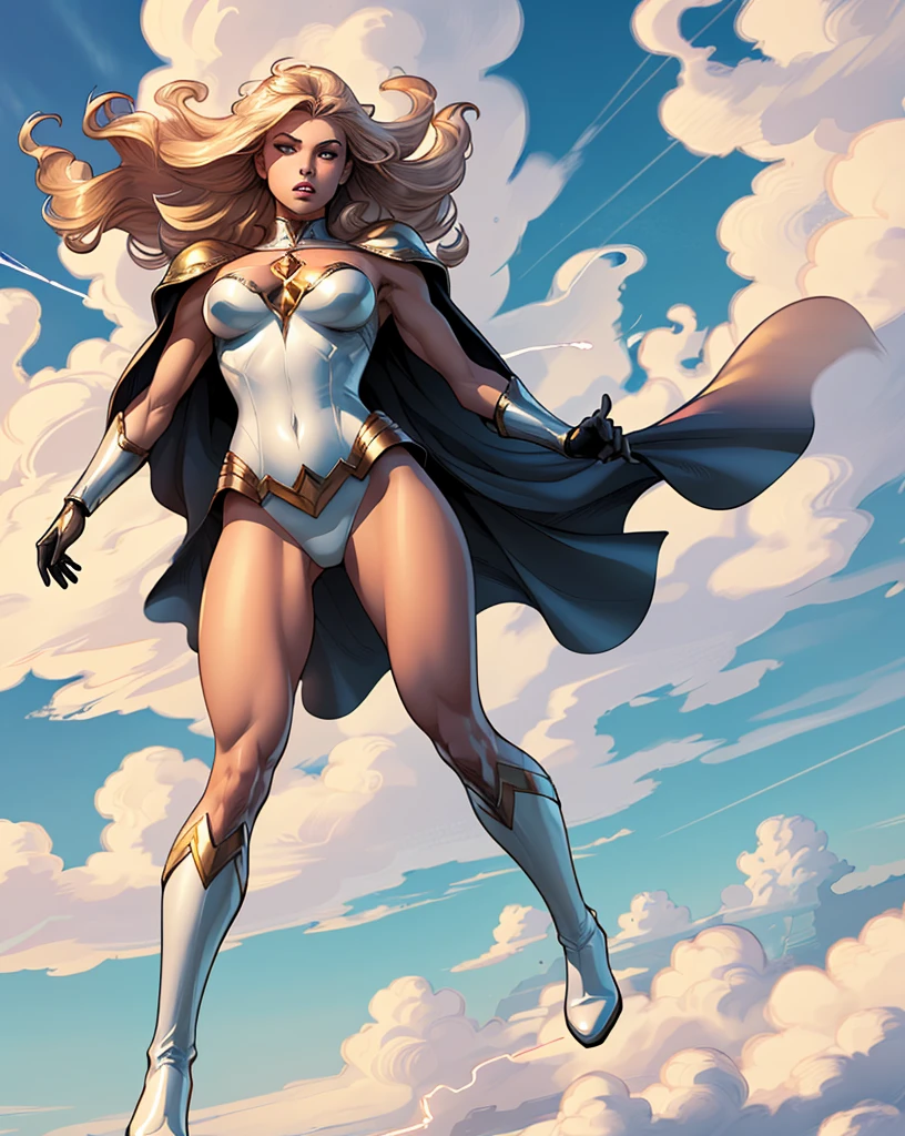 1 Girl, Solitary, Extremely detailed, masterpiece, Top quality, best quality, high resolution, 4K, 8K, RAW photos, 
Full body picture，Goddess of Virtue, blond, Long hair, Tights, armor, cape, Gloves, White boots, 
Comic Style, Line Art,
floating, 
Dynamic weather, Dynamic Color, random color, 
 