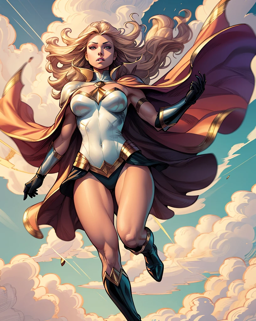 1 Girl, Solitary, Extremely detailed, masterpiece, Top quality, best quality, high resolution, 4K, 8K, RAW photos,
Full body picture,Goddess of Virtue, blond, Long hair, Tights, armor, cape, Gloves, White boots,
Comic Style, Line Art,
floating,
Dynamic weather, Dynamic Color, random color,