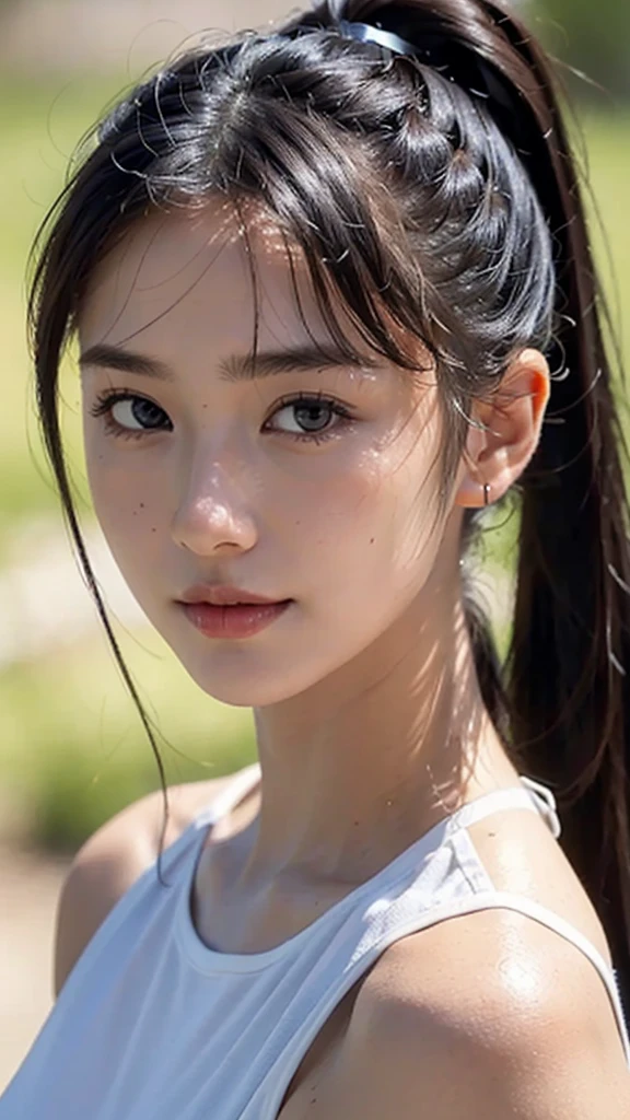 Bust Shot,bikini,Body in front,masutepiece, The highest image quality, High quality, the background is clear,Beautiful woman, Japanese, Detailed, Ultra-detailed, finely detail, hight resolution, 8K Wallpaper, Perfect dynamic composition, Beautiful detailed eyes ,Detailed eyes, Detailed skin, Beautiful skin, 超hight resolution, (reality: 1.4),Very beautiful woman, Slightly younger face, Beautiful skin, slender, (Ultra photo realsisim), (hight resolution), (8K), (Very detailed) (beautifully detailed eyes), (super detailed),   (Detailed face), view the viewer, Fine details, Detailed face, Staring straight ahead, Staring straight ahead, photos realistic, Bright lighting, Professional Lighting, Black hair,poneyTail,a baby face,sixteen years old,Hairstyle: ponytail,Long ponytail hairstyle,slight smile,