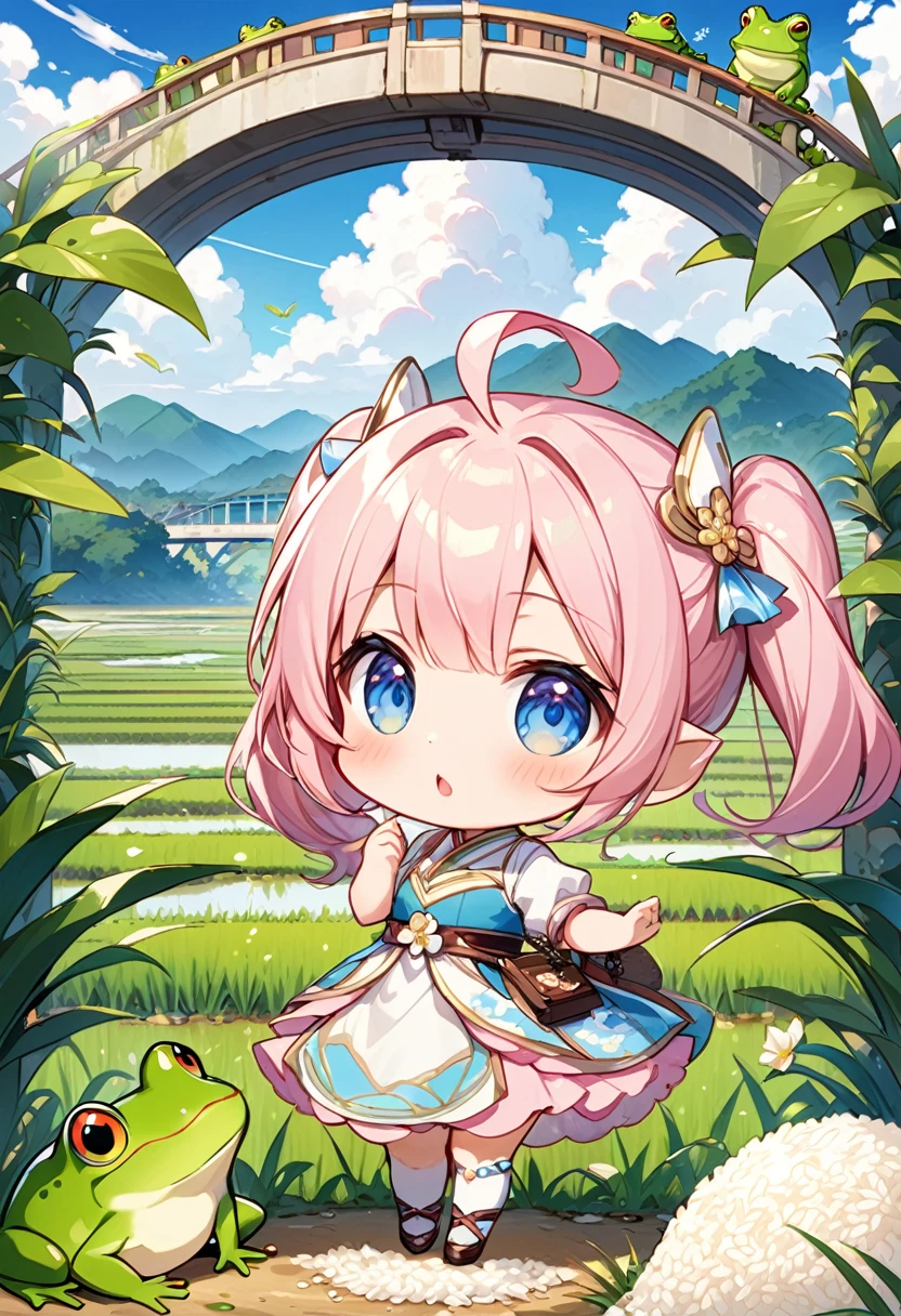 Highest quality、High resolution、Detailed Background、Beautiful face in every detail、Anatomically correct、Detailed facial expressions、fine grain、((One Girl:1.2)、((Chibi Girl:1.2)))、Cute hair color、Big beautiful blue eyes、Fuller lips、Pink Lips、Braided twin tails、Ahoge、(Movie Posters:1.2、((title is"The story of how the bridge between humans and frogs is supposed to be completed but then destroyed"))、(In the background is a rice field with swaying ears of rice.)