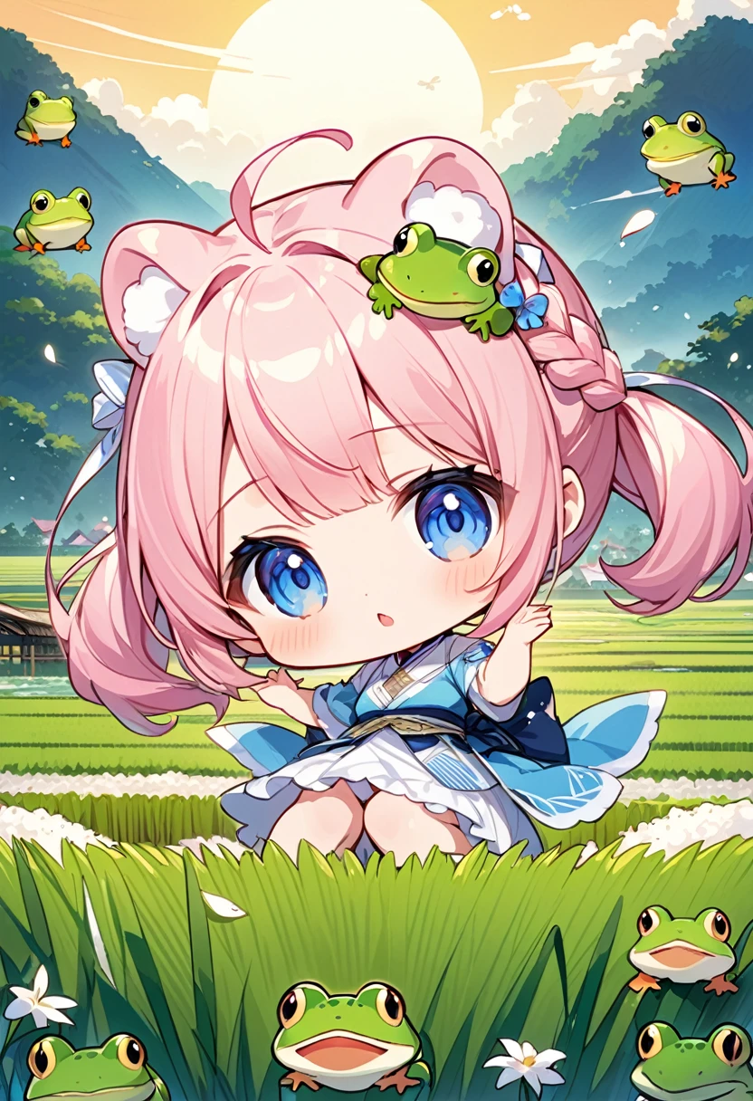Highest quality、High resolution、Detailed Background、Beautiful face in every detail、Anatomically correct、Detailed facial expressions、fine grain、((One Girl:1.2)、((Chibi Girl:1.2)))、Cute hair color、Big beautiful blue eyes、Fuller lips、Pink Lips、Braided twin tails、Ahoge、(Movie Posters:1.2、((title is"The story of how the bridge between humans and frogs is supposed to be completed but then destroyed"))、(In the background is a rice field with swaying ears of rice.)