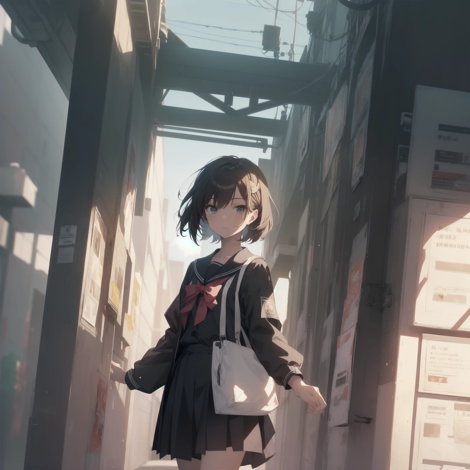 ultra-absurdres-Top quality by artist God, ultra-detailed, high resolution, anime moe artstyle, best anime 8k konachan wallpaper, pixiv contest winner, pool:2810, perfect anatomy,break, 1girl, (Please draw a girl walking sleepily to school alone. )break,(Solo,little female, 13-year-old:1.3),Full limbs, complete fingers,a junior high school student, (very short hair), short cut, flat chest, , small butt, small black eyes, beautiful detailed eyes, well-proportioned iris and pupils, expressive eyes, highres detailed hair, soft expression, salor school_uniform, sailor collar, serahuku, bow, pleated skirt,(Detailed Lighting), (Detailed background), in the School commute route. break,super detailed skin, Best cinematic lighting powered by famous artist, 8k,beauty illustration,photoshop_(medium),very aesthetic,break,((artist:yd_(orange_maru) )), artist:clamp ,artist:carnelian ,artist:kantoku ,