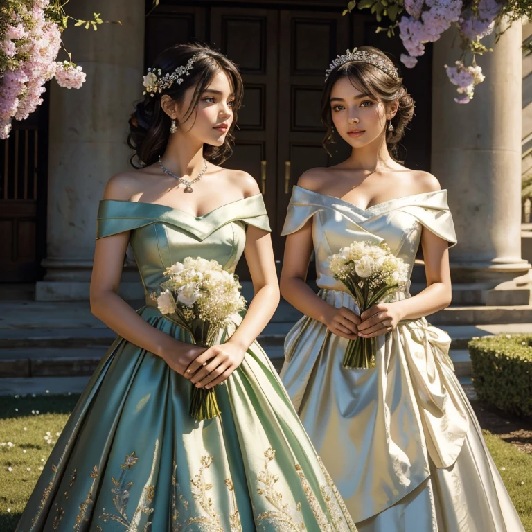 (​masterpiece, best quality:1.5), highest quality, High resolution, super detailed, Realists, Upper body photo of a black-haired flower girl, detailed and beautiful eyes, beautiful detailed lips, very detailed eyes and face, longeyelashes, Young girl in a short dress made of shiny satin fabric, Beautiful and colorful makeup, elegant and noble々Pose,shiny satin headband, grind, Holding flowers, Gardens as background, soft daylight, bright colors, fine brushstrokes, Portrait style, Noble details in the dress fabric, beautiful color palette, glowing skin, First-class rendering, that captures every detail, enchanting atmosphere, subtle shadows and lights, (perfect anatomy:1.2), (The two stunning flower girls in silver and green dresses held a long silver flower stick with a bow. Exchange glances.  (magnificent panorama view:1.2)