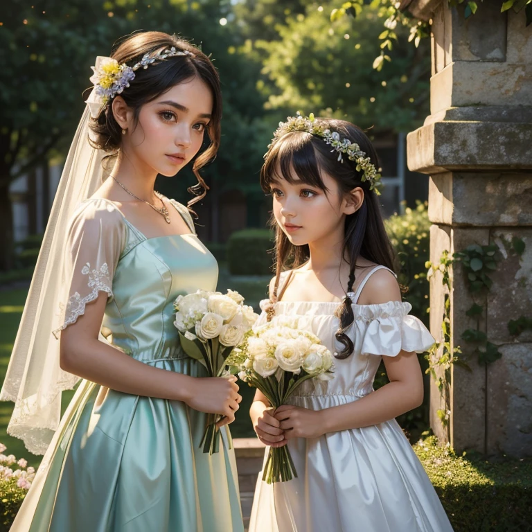 (​masterpiece, best quality:1.5), highest quality, High resolution, super detailed, Realists, Upper body photo of a black-haired flower girl, detailed and beautiful eyes, beautiful detailed lips, very detailed eyes and face, longeyelashes, Young girl in a short dress made of shiny satin fabric, Beautiful and colorful makeup, elegant and noble々Pose,shiny satin headband, grind, Holding flowers, Gardens as background, soft daylight, bright colors, fine brushstrokes, Portrait style, Noble details in the dress fabric, beautiful color palette, glowing skin, First-class rendering, that captures every detail, enchanting atmosphere, subtle shadows and lights, (perfect anatomy:1.2), (The two stunning flower girls in silver and green dresses held a long silver flower stick with a bow. Exchange glances.  (magnificent panorama view:1.2)