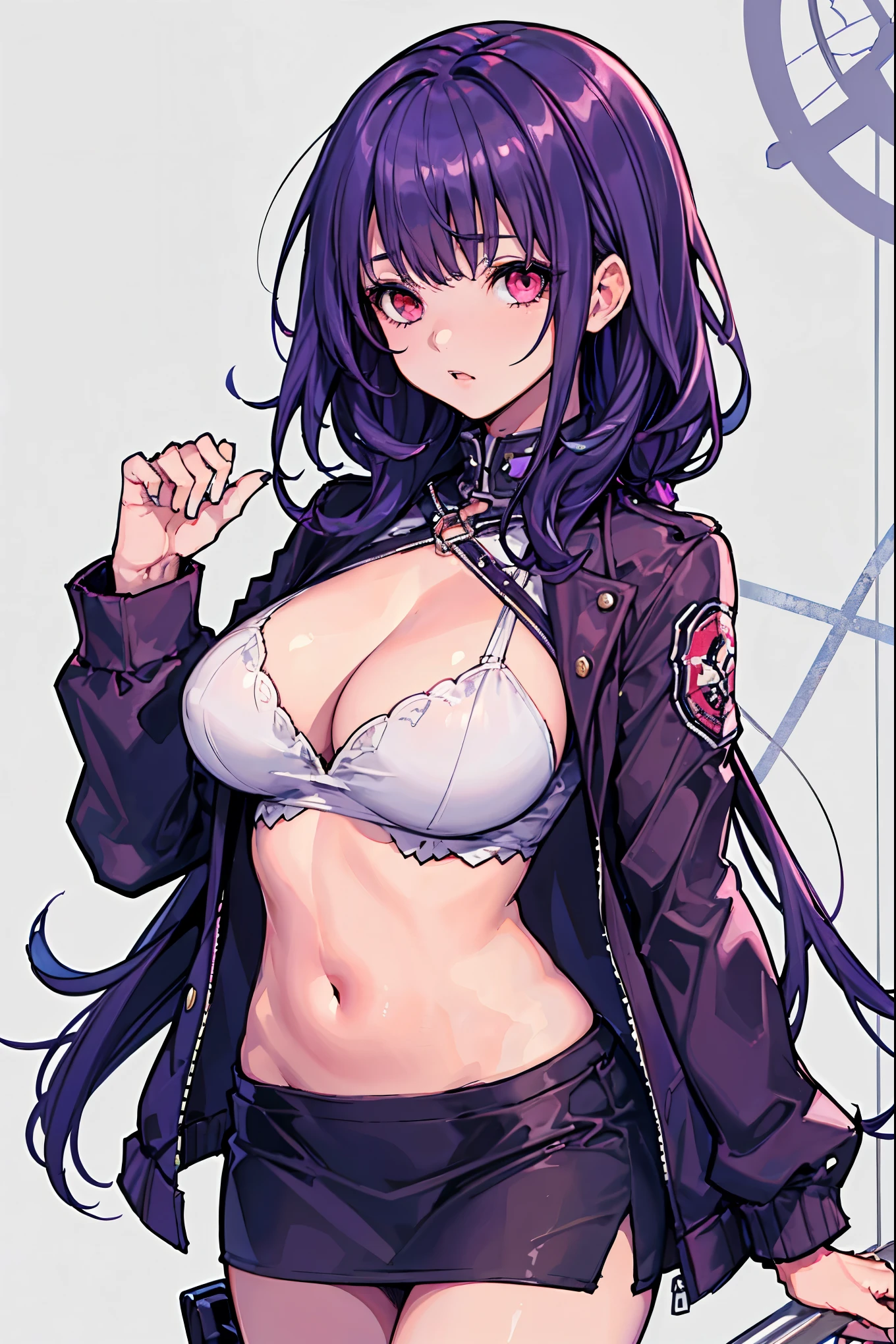 1girl, white background, red eyes, long hair, purple hair, bangs, jacket, crop top, mini skirt, large breasts, cleavage, soft stomach