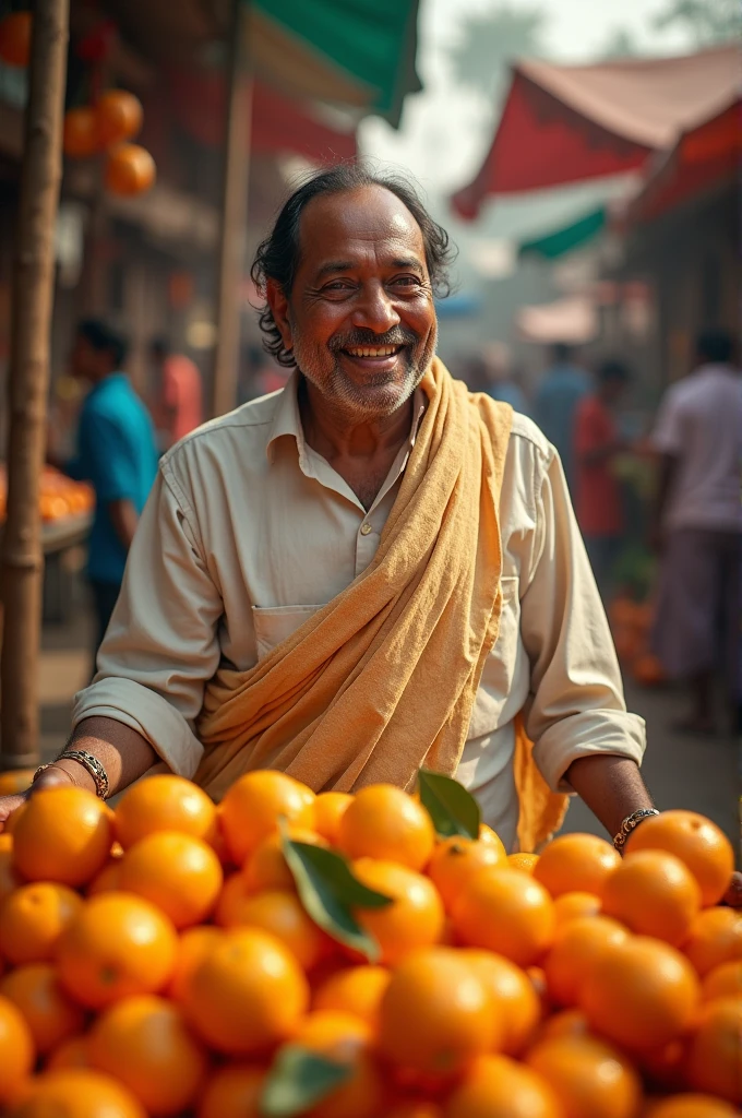 Create A Ai image of Mukesh ambani selling oranges in market