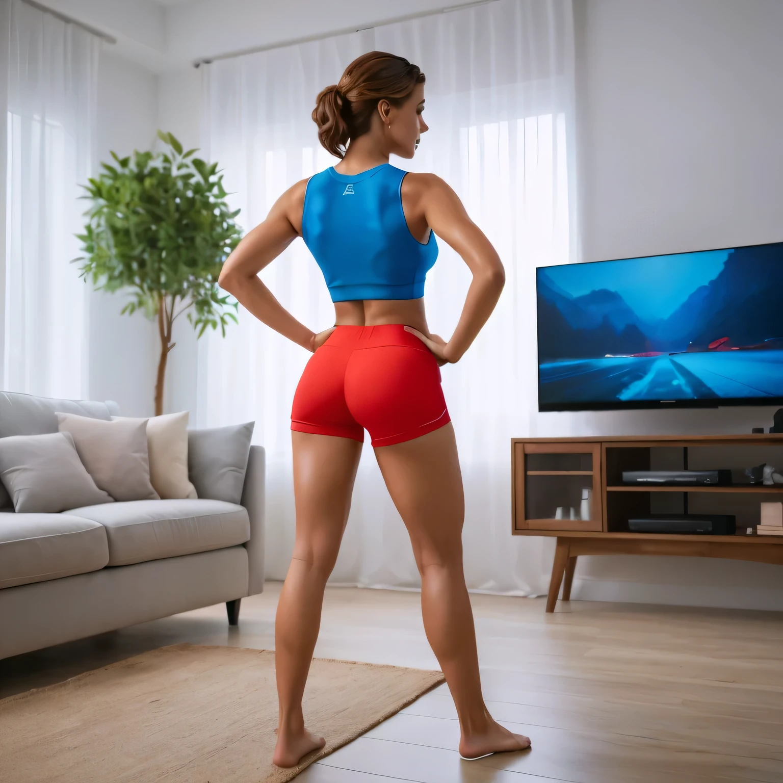 there is a woman in a short shorts playing a video game, dancing in the background, in shorts, lunging at camera :4, rear-shot, working out, toned derriere, back shot, back - shot, in shape, backshot, blurry footage, he is dancing, with his back turned, bottom shot, long shot from back. Full body photo, clear photo, high quality, high resolution, masterpiece, 8K