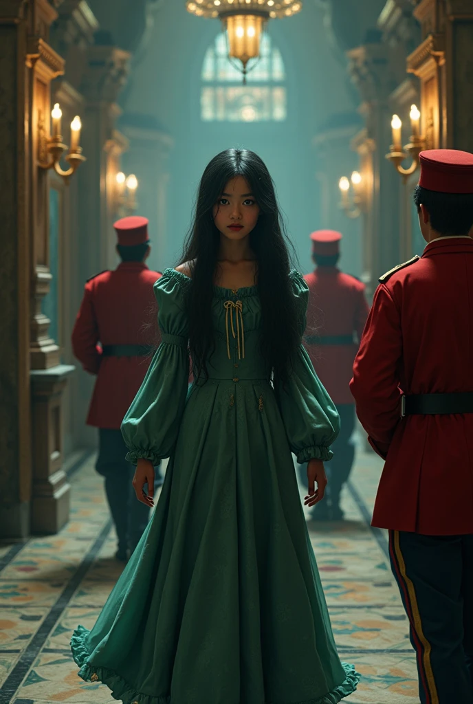 Young girl with long black hair and emerald eyes walking down a castle hallway under arrest with guards dressed as a red Victorian princess and looking sad and icy down 