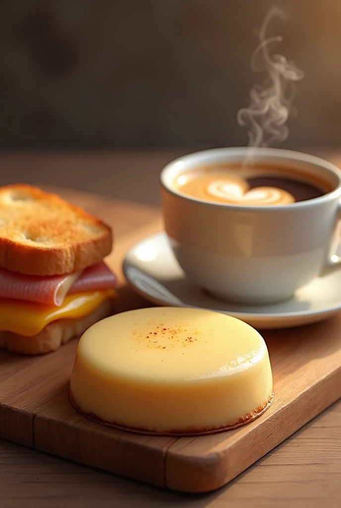 Create a mini plain pudding, a cup of creamy coffee with foam and a French bread with cheese and ham toasted on the grill.