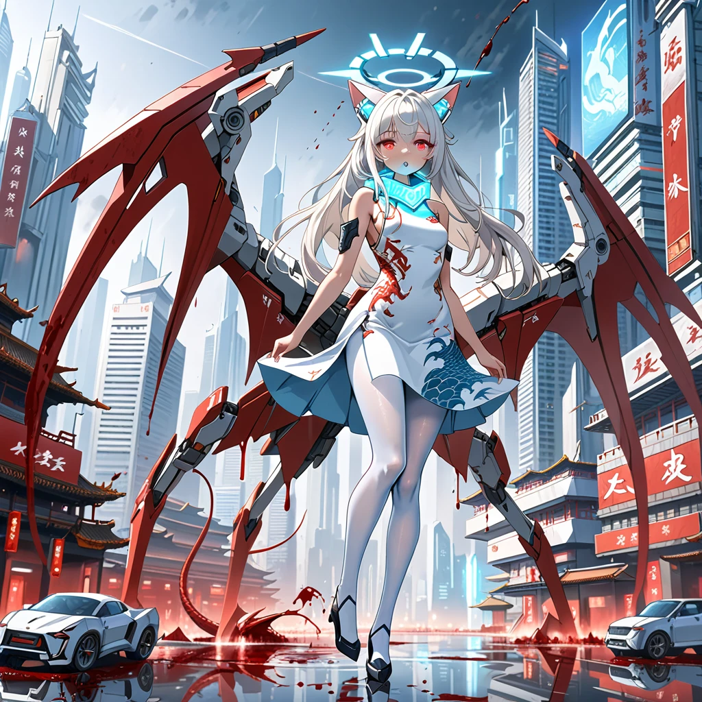 masterpiece, highest quality, highest resolution, clear_image, detailed details, white hair, long hair, 1 girl, cat ears, red eyes, futuristic dragon wings, futuristic halo, gray sci fi mecha china dress, white scarf (around the neck withn a light blue glow), white pantyhose, full body, no water marks, city, blood coming out of mouth