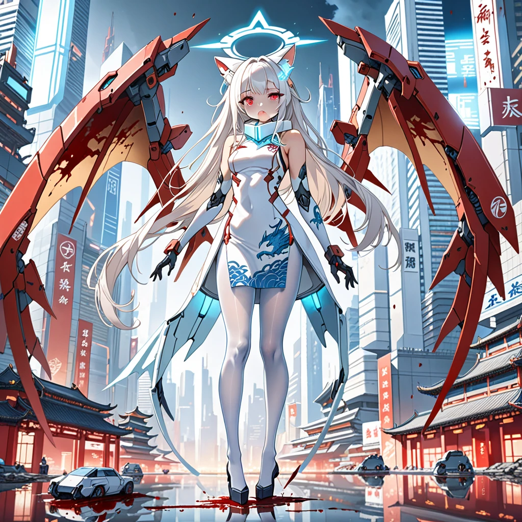 masterpiece, highest quality, highest resolution, clear_image, detailed details, white hair, long hair, 1 girl, cat ears, red eyes, futuristic dragon wings, futuristic halo, white sci fi mecha china dress, white scarf (around the neck withn a light blue glow), white pantyhose, full body, no water marks, city, blood coming out of mouth