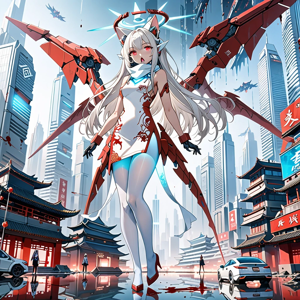 masterpiece, highest quality, highest resolution, clear_image, detailed details, white hair, long hair, 1 girl, cat ears, red eyes, futuristic dragon wings, futuristic halo, white sci fi mecha china dress, white scarf (around the neck withn a light blue glow), white pantyhose, full body, no water marks, city, blood coming out of mouth