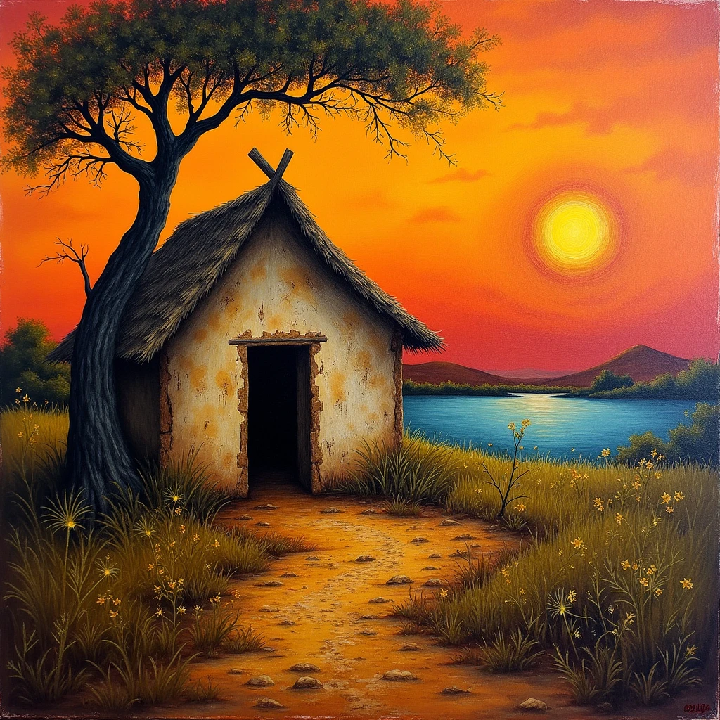 Painting of a traditional African hut, sunset, Near the lake, Moses, par picasso, Signed Abudingo