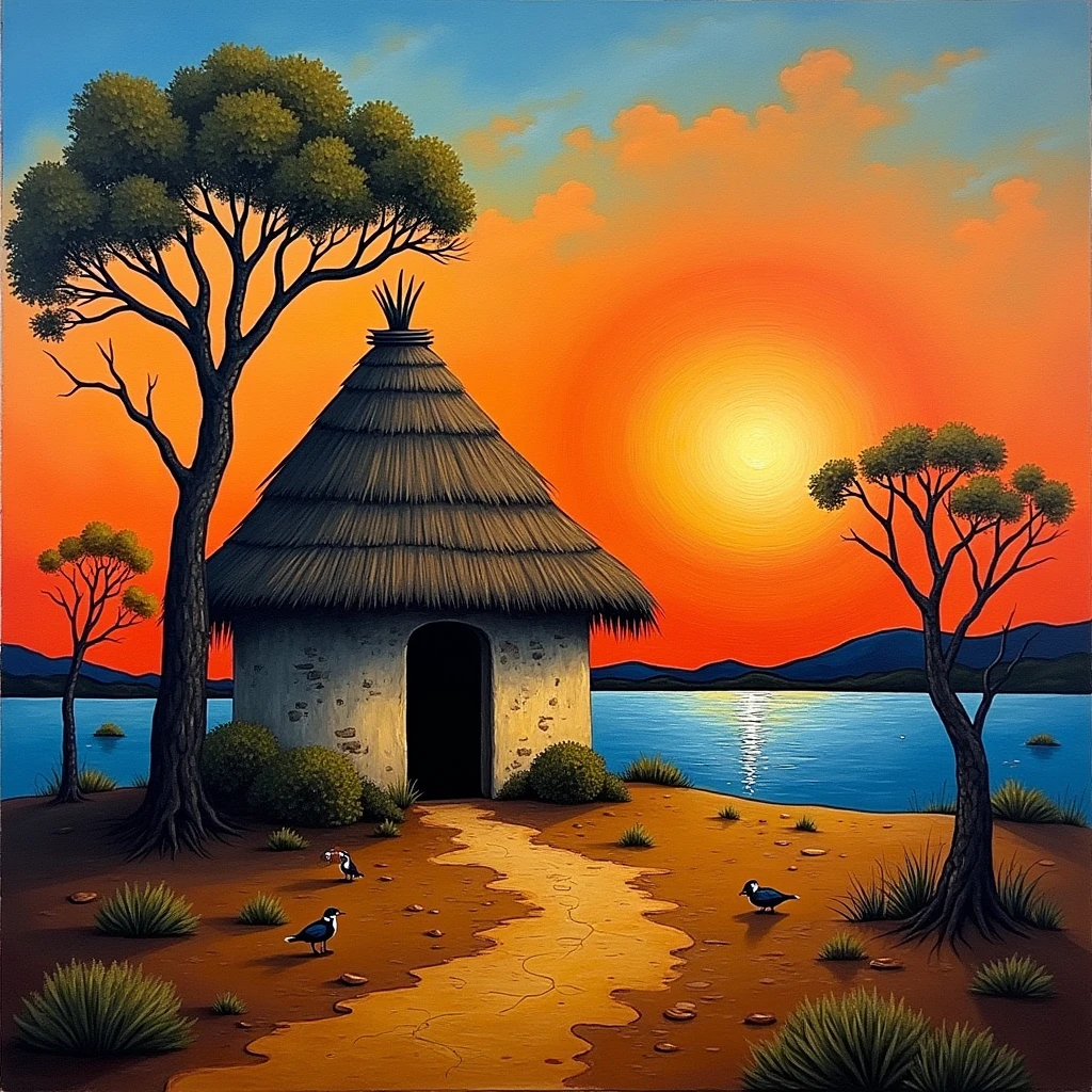 Painting of a traditional African hut, sunset, Near the lake, Moses, par picasso, Signed Abudingo