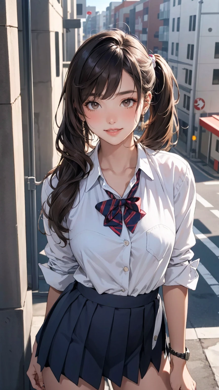 (masterpiece:1.3, top-quality, ultra high res, ultra detailed), (realistic, photorealistic:1.4), beautiful illustration, perfect lighting, colorful, depth of fields,
beautiful detailed hair, beautiful detailed face, beautiful detailed eyes, beautiful clavicle, beautiful body, beautiful chest, beautiful thigh, beautiful legs, beautiful fingers,
looking at viewer, front view:0.6, 1 girl, japanese, high school girl, perfect face, (perfect anatomy, anatomically correct), cute and symmetrical face, babyface, , shiny skin,
(long hair:1.5, twintails:1.5, rosy brown hair), asymmetrical bangs, brown eyes, long eye lasher, (medium breasts), slender,
((navy blazer, collared white shirt, navt pleated skirt)), dark red bow tie, piercing,
(beautiful scenery), evening, (city, cityscape in the distance), standing, (hand on chest), (happy smile, parted lips),