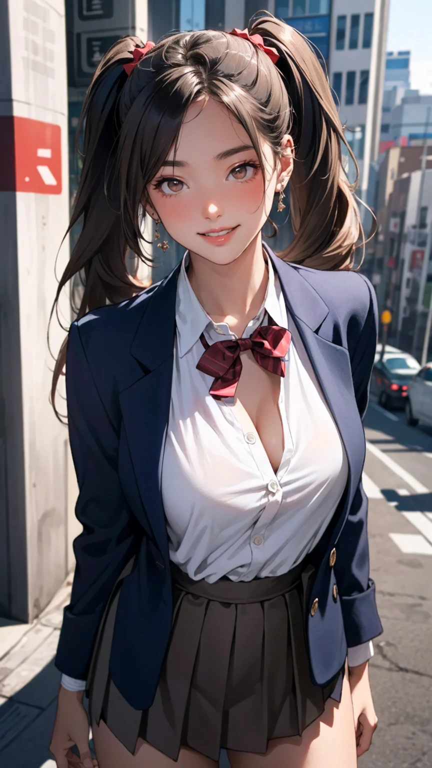 (masterpiece:1.3, top-quality, ultra high res, ultra detailed), (realistic, photorealistic:1.4), beautiful illustration, perfect lighting, colorful, depth of fields,
beautiful detailed hair, beautiful detailed face, beautiful detailed eyes, beautiful clavicle, beautiful body, beautiful chest, beautiful thigh, beautiful legs, beautiful fingers,
looking at viewer, front view:0.6, 1 girl, japanese, high school girl, perfect face, (perfect anatomy, anatomically correct), cute and symmetrical face, babyface, , shiny skin,
(long hair:1.5, twintails:1.5, rosy brown hair), asymmetrical bangs, brown eyes, long eye lasher, (medium breasts), slender,
((navy blazer, collared white shirt, navt pleated skirt)), dark red bow tie, piercing,
(beautiful scenery), evening, (city, cityscape in the distance), standing, (hand on chest), (happy smile, parted lips),