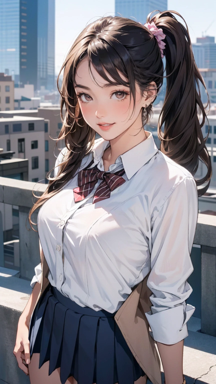 (masterpiece:1.3, top-quality, ultra high res, ultra detailed), (realistic, photorealistic:1.4), beautiful illustration, perfect lighting, colorful, depth of fields,
beautiful detailed hair, beautiful detailed face, beautiful detailed eyes, beautiful clavicle, beautiful body, beautiful chest, beautiful thigh, beautiful legs, beautiful fingers,
looking at viewer, front view:0.6, 1 girl, japanese, high school girl, perfect face, (perfect anatomy, anatomically correct), cute and symmetrical face, babyface, , shiny skin,
(long hair:1.5, twintails:1.5, rosy brown hair), asymmetrical bangs, brown eyes, long eye lasher, (medium breasts), slender,
((navy blazer, collared white shirt, navt pleated skirt)), dark red bow tie, piercing,
(beautiful scenery), evening, (city, cityscape in the distance), standing, (hand on chest), (happy smile, parted lips),