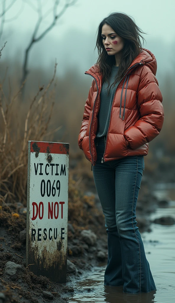 woman, sporty shiny faded down jacket,in the foreground: sport race bib plank "VICTIM 0069 DO NOT RESCUE", flared jeans, stuck in bog, ritual hairdress,makeup.collar only