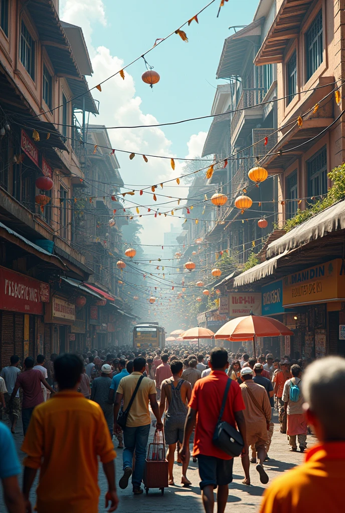 Generate an image that shows bustling Bombay streets—perhaps Crawford Market, Colaba Causeway, or the busy platforms of a local train station like CST—capturing the energy and movement of the city.
Bombay Connection: Focus on the hustle and bustle of everyday life in Bombay, showcasing the city’s vibrant, chaotic, and lively atmosphere