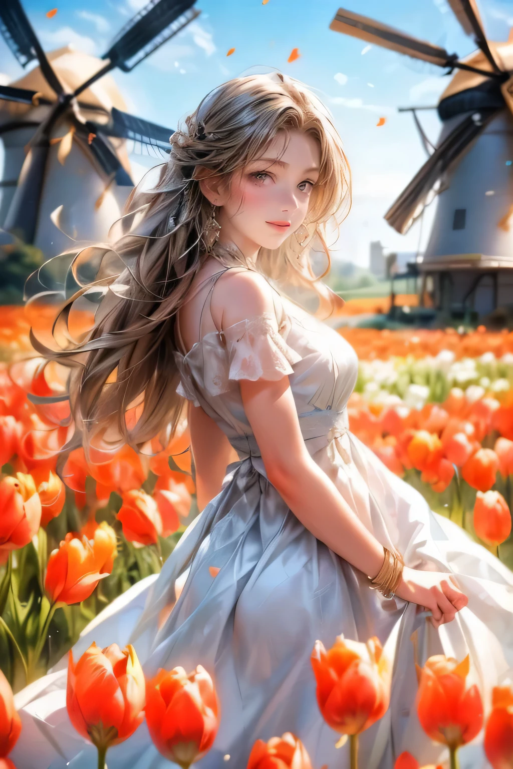 a cute girl in white dress walking in tulips surrounded by windmills, 1girl, solo, dress, windmill, white dress, long hair, flower, outdoors, looking at viewer, smile, short sleeves, standing, sky