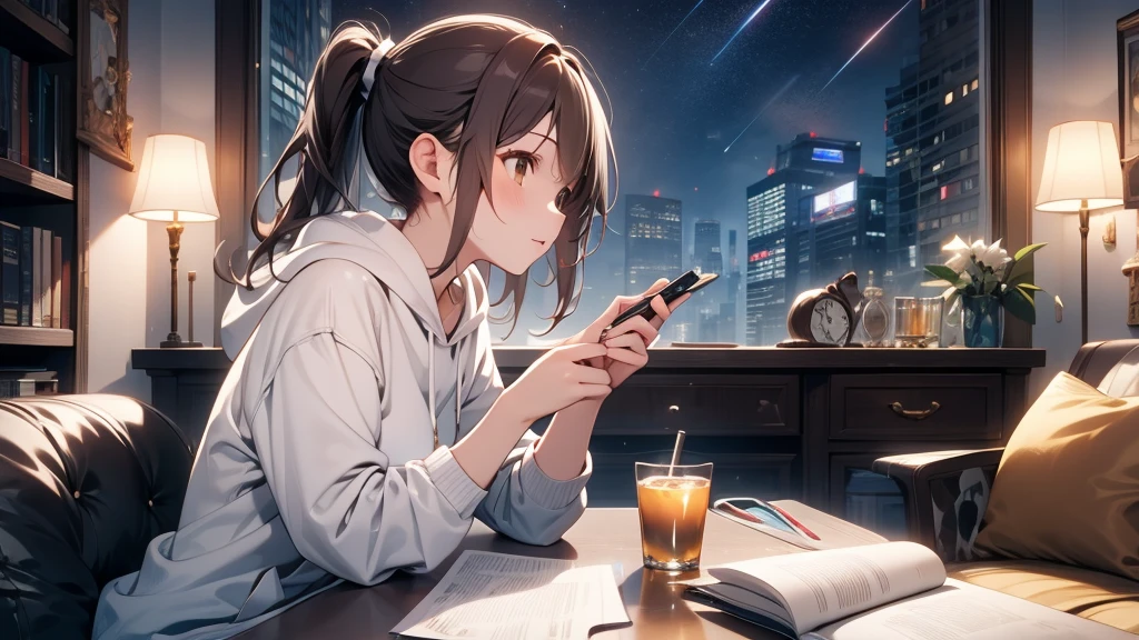 masterpiece, best quality, high quality, detailed, ultra detailed, hyper detailed, insanely detailed, exquisite, beautiful, FHD, Full-HD, 4K, 8K, 16K, highres, absurdres, skyscraper, city, a girl, intelligent, sitting, looking to the side, ponytail, brown hair, brown eyes, hoodie, shorts, piercing, in the room, with a starry sky, with a galaxy, at night, beautiful, lo-fi, side view, moonlight