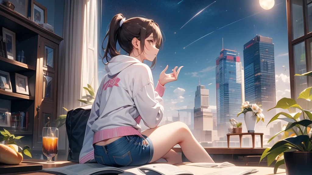 masterpiece, best quality, high quality, detailed, ultra detailed, hyper detailed, insanely detailed, exquisite, beautiful, FHD, Full-HD, 4K, 8K, 16K, highres, absurdres, skyscraper, city, a girl, intelligent, sitting, looking to the side, ponytail, brown hair, brown eyes, hoodie, shorts, piercing, in the room, with a starry sky, with a galaxy, at night, beautiful, lo-fi, side view, moonlight